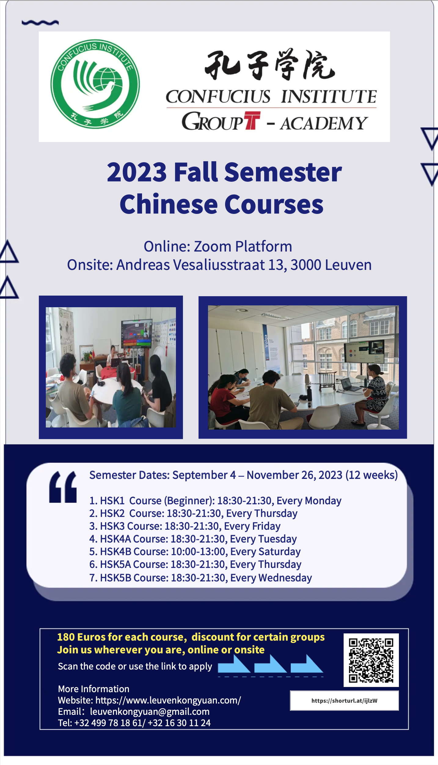 2023 Fall Semester Chinese Courses – September 4 – November 26, 2023 - Online: Zoom, Onsite: Leuven